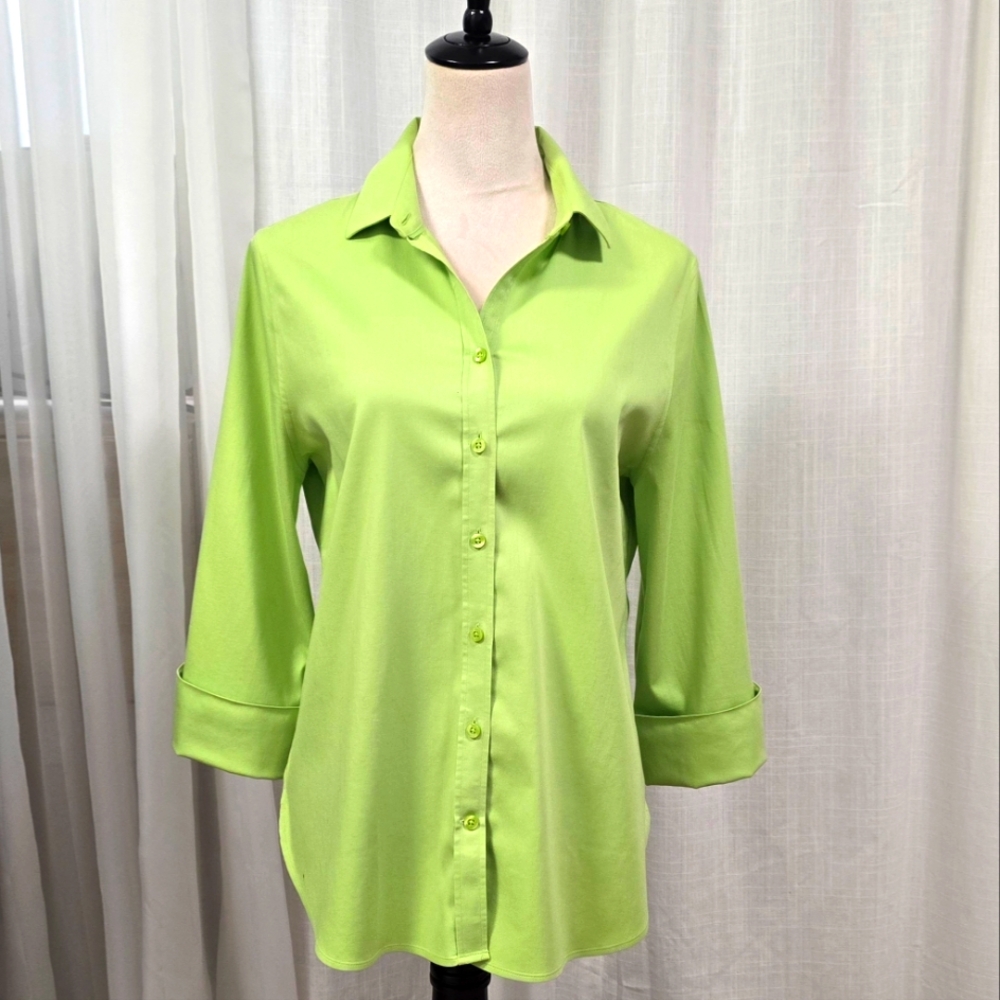 Chicos Lime Green No Iron Stretch Button Down Womens‎ Shirt Size 1 Office Chic
